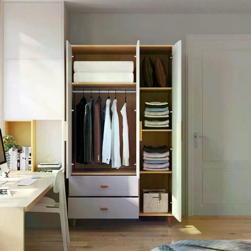 Tủ quần áo 3 cánh gỗ tối giản có 2 hộc kéo